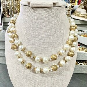 Vintage Signed Lisner Double Faux Pearl Crystal and gold Beaded Necklace